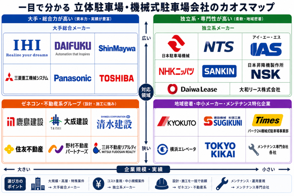 一目で分かる立体駐車場・機械式駐車場会社のカオスマップ