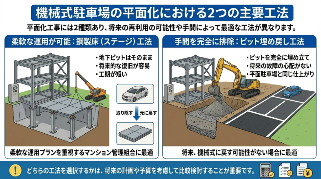 機械式駐車場の平面化における2つの主要工法