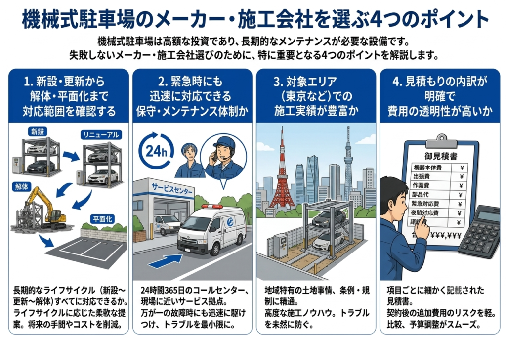 機械式駐車場のメーカー・施工会社を選ぶ4つのポイント