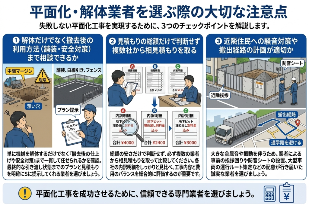 平面化・解体業者を選ぶ際の大切な注意点